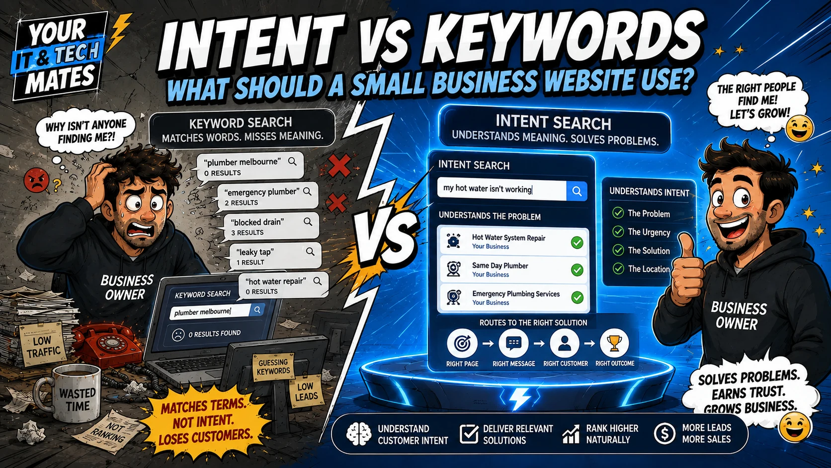 Comic-style hero image comparing keyword search that misses meaning with intent search that understands customer problems and routes people to the right solution.