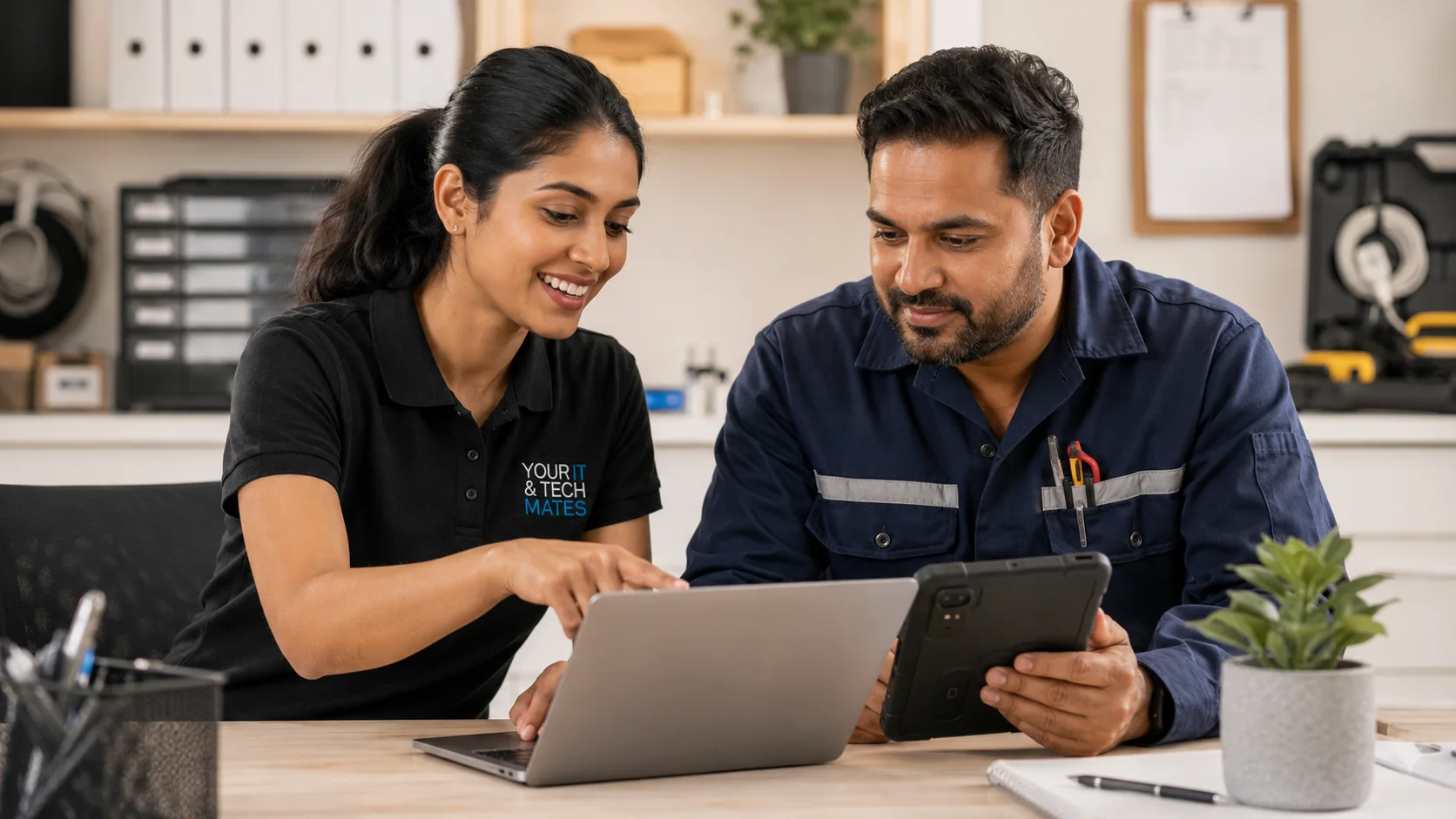 Your IT & Tech Mates technician helping an electrical contractor with a business laptop, tablet and mobile technology support.