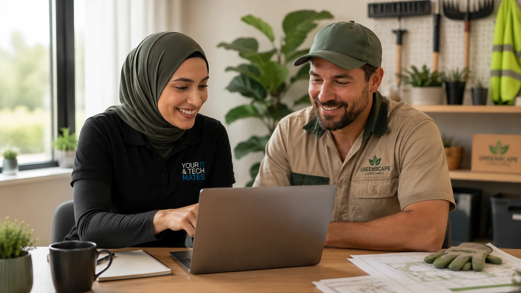 Muslim Your IT & Tech Mates technician helping a landscaping business automate enquiries, scheduling and customer follow-up.