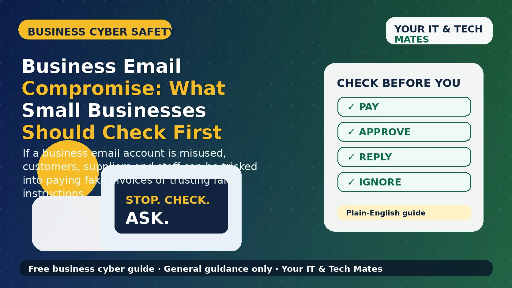 Your IT & Tech Mates guide for Australian small businesses checking business email compromise warning signs, fake invoices, mailbox rules and safer account access.