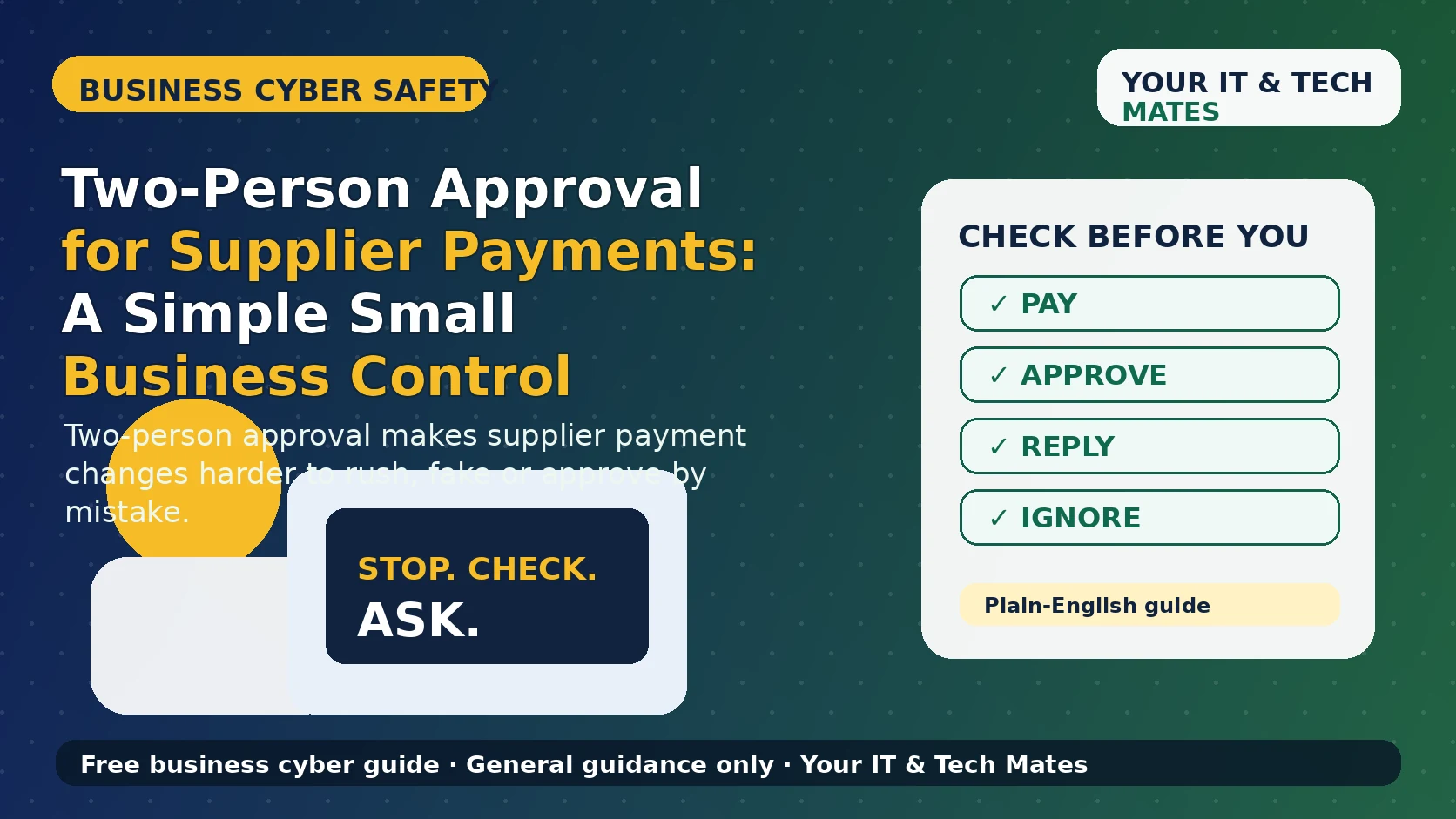 Your IT & Tech Mates two-person approval guide for Australian small businesses verifying supplier payment changes before money is sent.