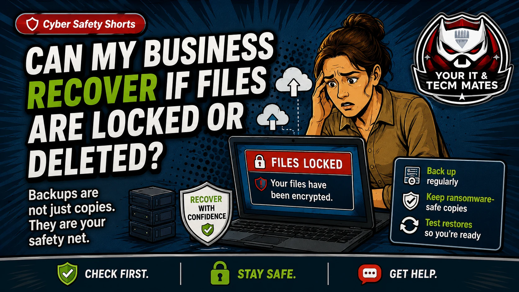 Your IT & Tech Mates files locked business recovery backup hero image showing ransomware recovery, safe backups, restore testing and business file protection.