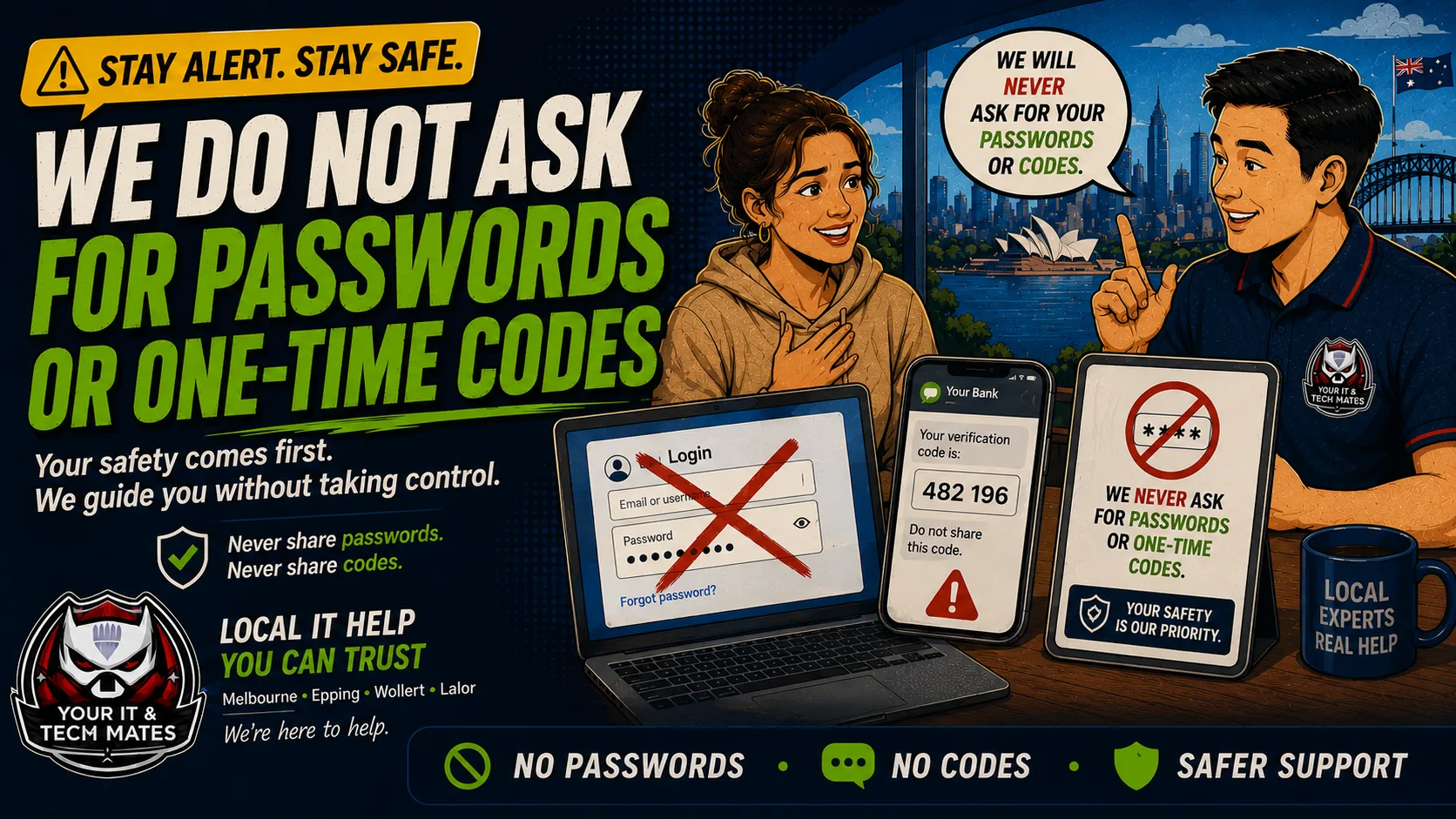 Your IT & Tech Mates technician explaining that customers should never share passwords or one-time codes during safe IT support.