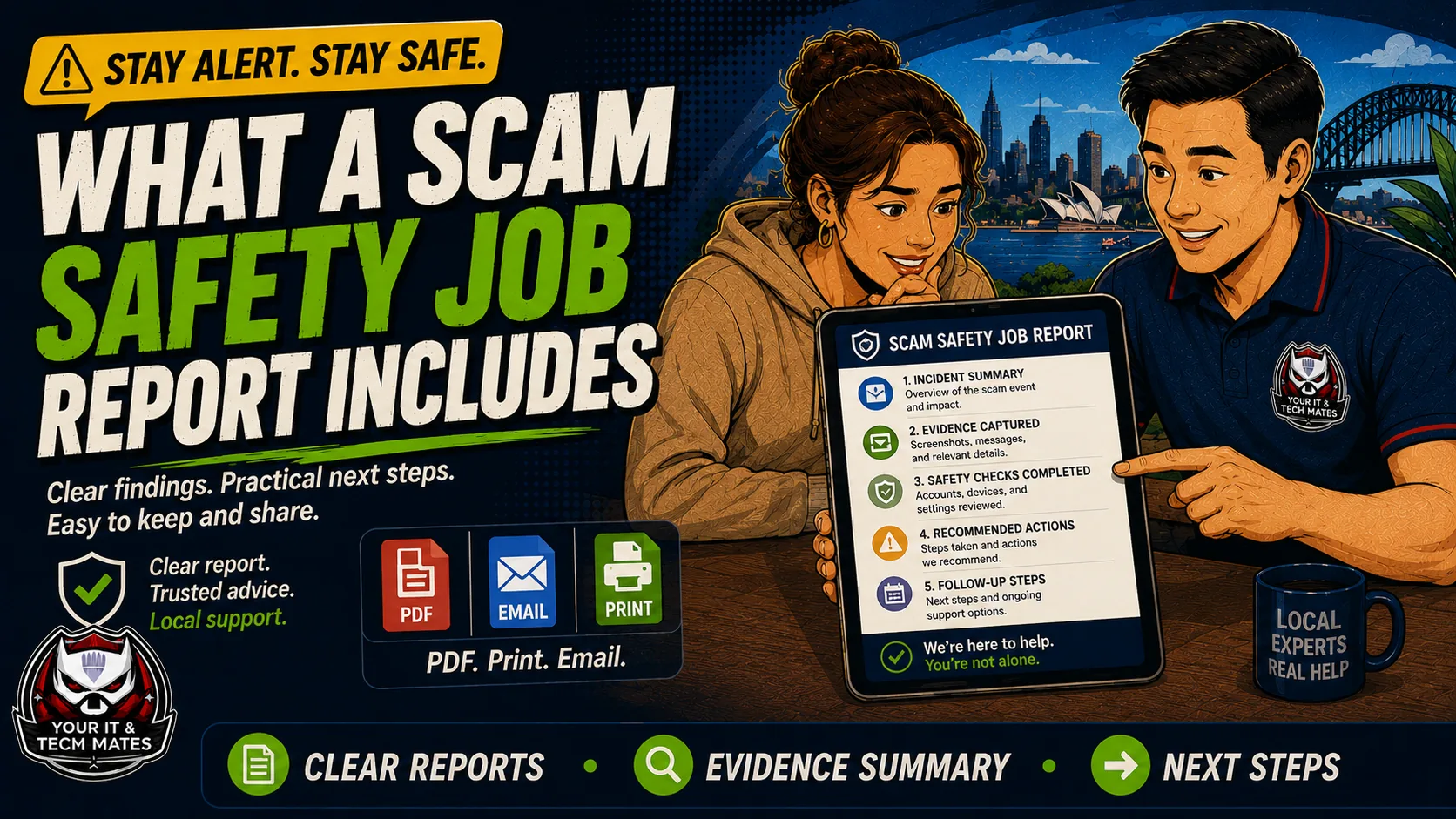 Your IT & Tech Mates scam safety job report showing the incident summary, evidence captured, safety checks, recommendations and customer next steps.