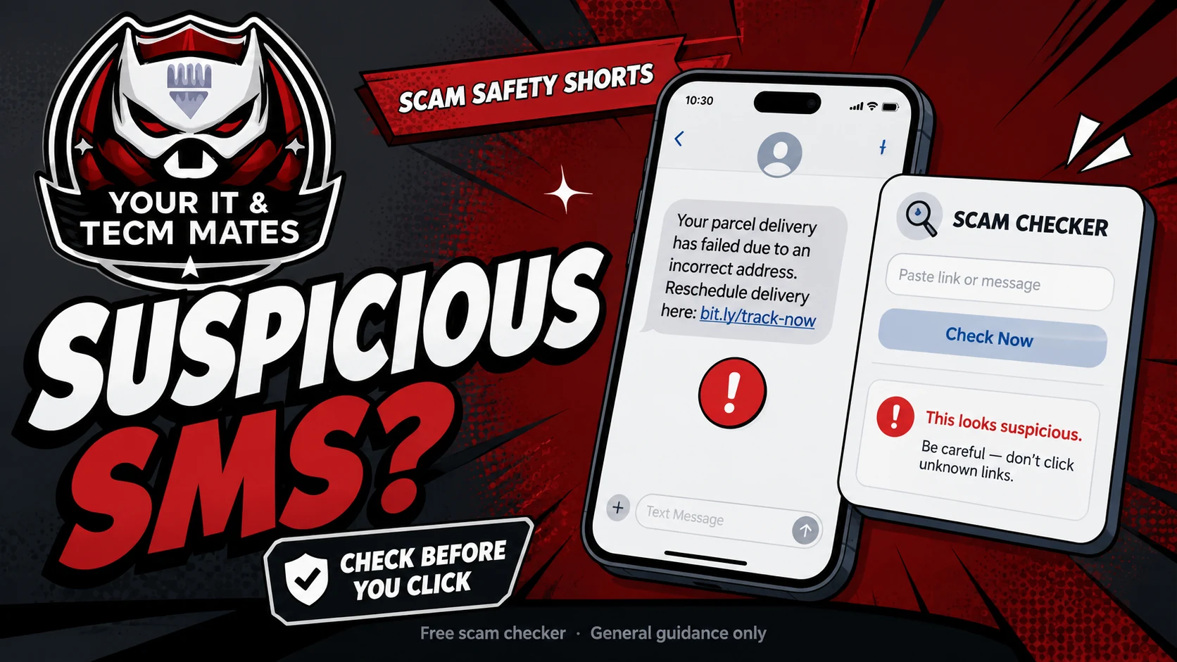 Phone showing a suspicious SMS message with Your IT and Tech Mates scam checker warning signs