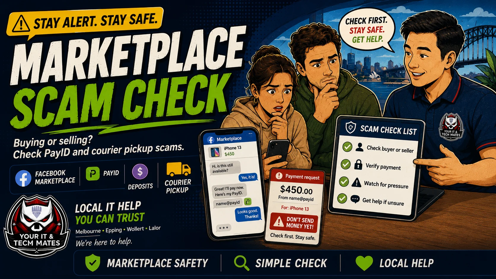 Your IT & Tech Mates Marketplace Scam Checker for Australians buying or selling online, checking Facebook Marketplace, PayID, courier pickup and deposit scams.
