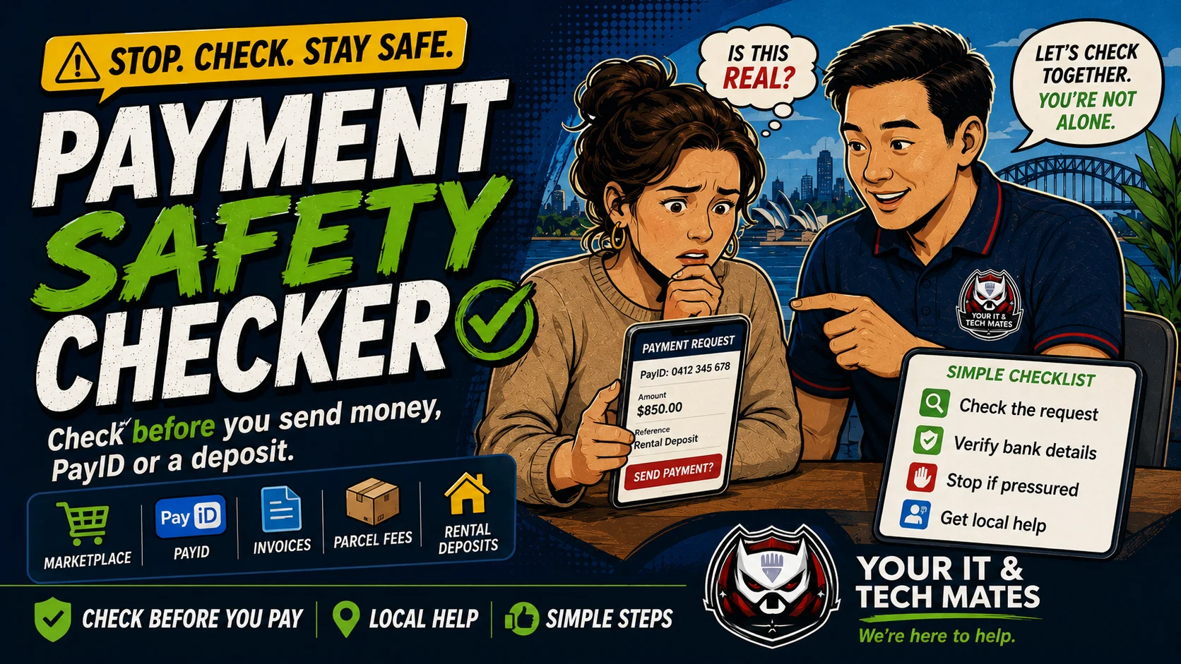 Your IT & Tech Mates Online Shopping Scam Checker Australia hero image showing a worried shopper checking a fake online store with a friendly local tech helper, simple checklist, and stop check stay safe scam safety message.