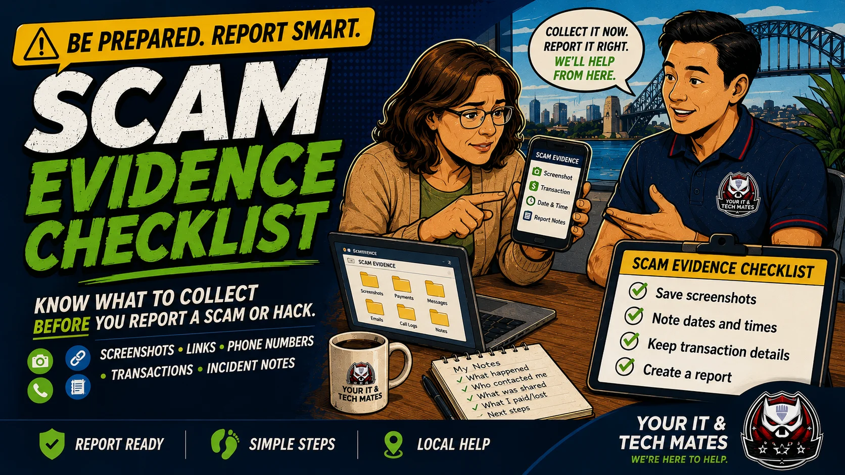 Your IT & Tech Mates Scam Evidence Checklist helping Australians collect screenshots, links, phone numbers, transaction details and notes before reporting a scam or hack.